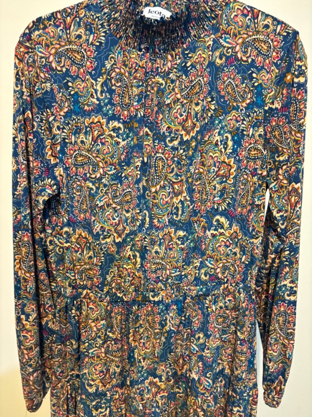 Leota Teal Blue Paisley Smocked Ruffle Neck Long Sleeve Tiered Dress - Picture 6 of 12